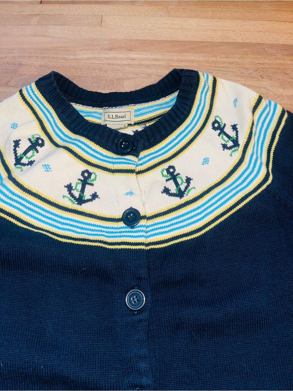 L.L. Bean Vintage Navy Cream & Yellow Knit Cardigan with Anchor | Coastal | L - Picture 6 of 9